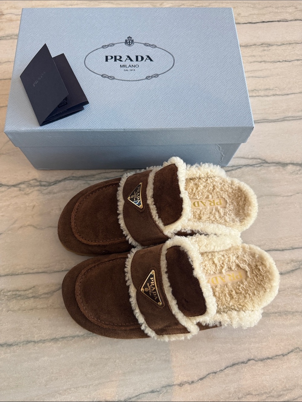 Prada Suede and Shearling Mules /Clogs in Cocoa Brown, Size 40